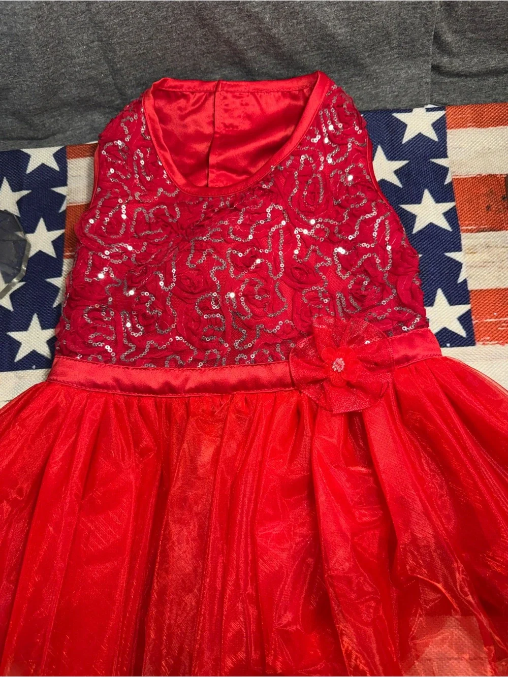 Red Sequin Tulle Dog Party Dress with Floral Accent